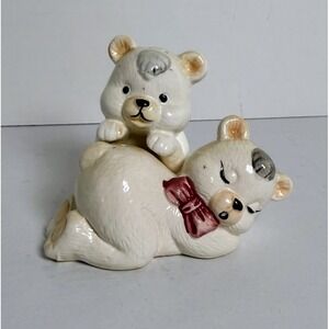Vintage Charming Cuddling White Bears With Red Bows Salt And Pepper Shakers